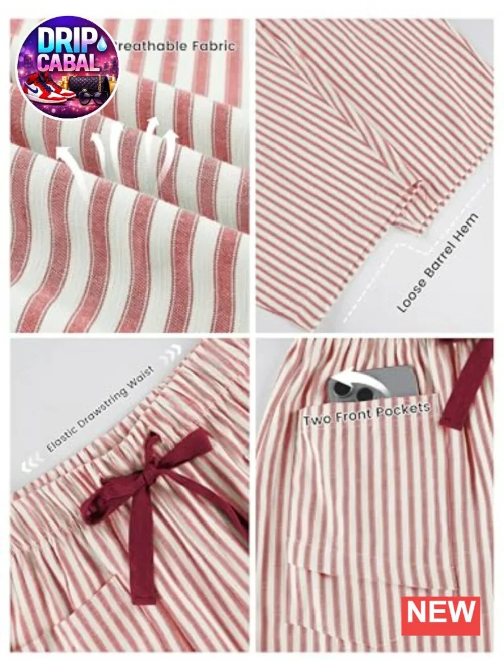 Women's Casual Barrel Pants Striped Drawstring Wide Leg Lounge Capri Trousers